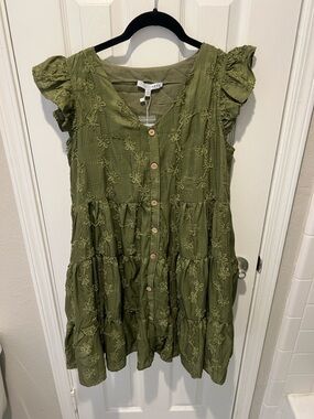 Baltic Born Olive Embroidered Tiered Button-Front Dress